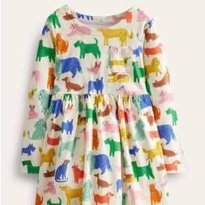 Mini Boden - Girls Cotton Multi Color Dog Print Long Sleeve Dress, Size 4-5